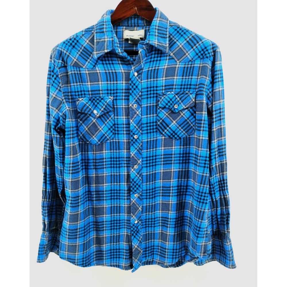 Wrangler Wrancher Shirt blueβ plaid flannel mens size large button up down